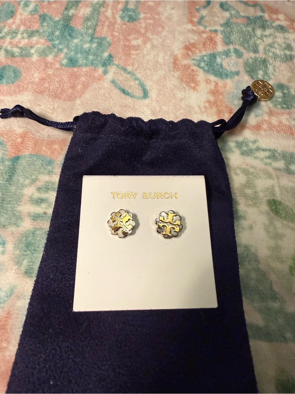 Tory Burch Two-Tone Gold & Silver Logo Flower Stud Earrings